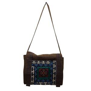 Handmade Women's Brown Embroidered Multicolor Geometric Design Shoulder Bag